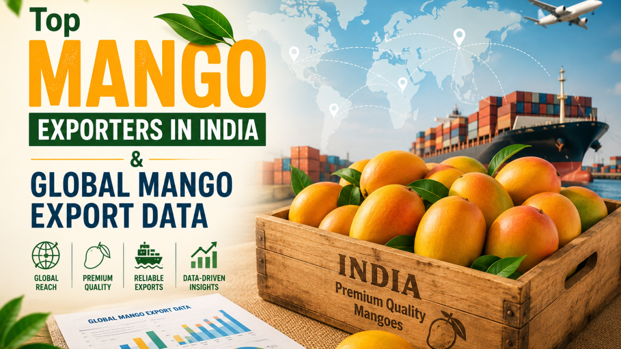 Top mango exporters in India loading Alphonso and Kesar mango crates for global export with mango export data overlay